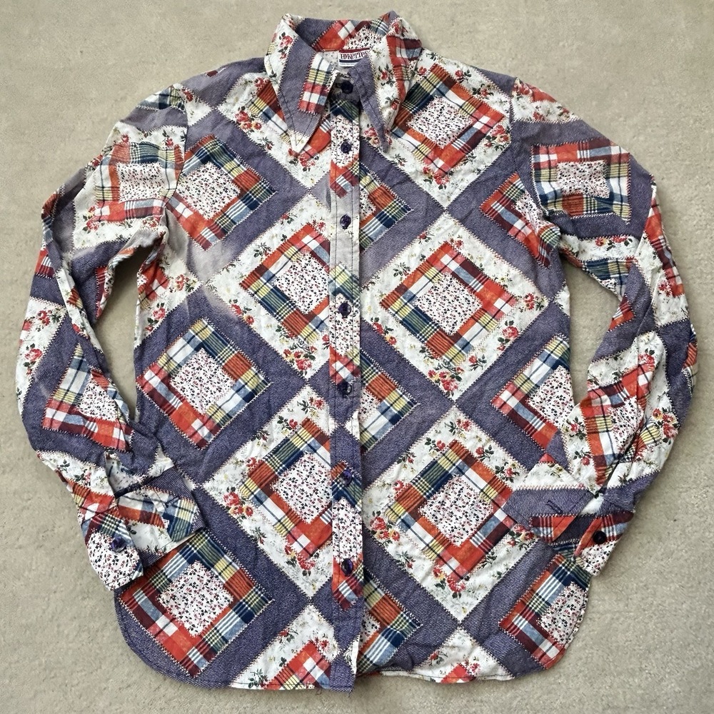 Vintage Pykettes Shirt Womens Small Multicolor Geometric Button Up Blouse 70s